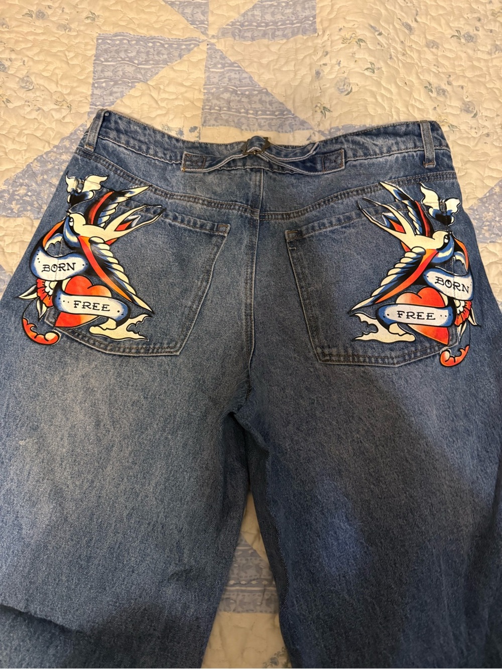 Ed Hardy Blue Denim Wide-Leg Jeans with Tattoo Swallow Pockets